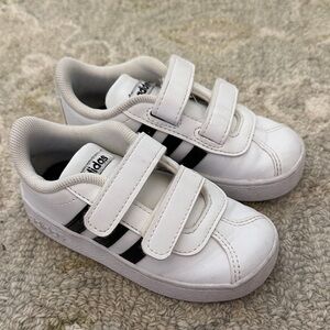 Adidas White Kids Sneakers with Black Stripes - Velcro Strap